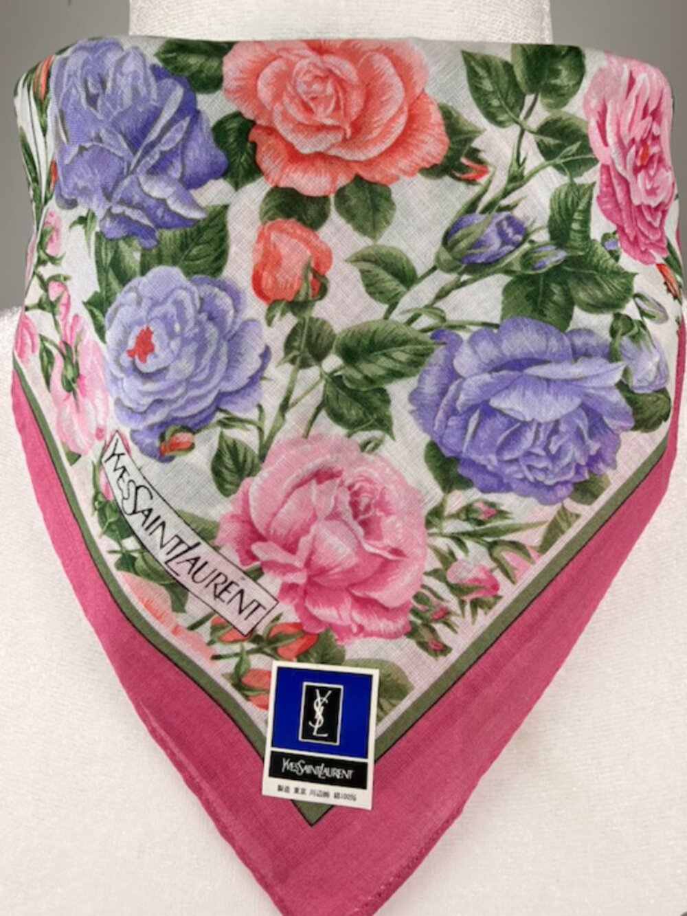 Vintage Yves Saint Laurent YSL Floral Rose Scarf / Handkerchief — 18.5" x 18"